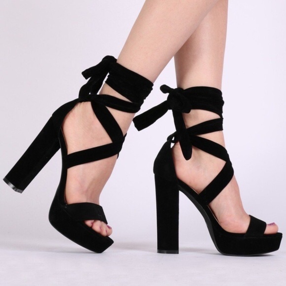 Black Faux Suede Lace Up Heels